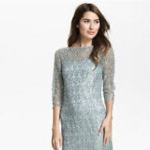 Kay Unger misty blue metallic sheath dress